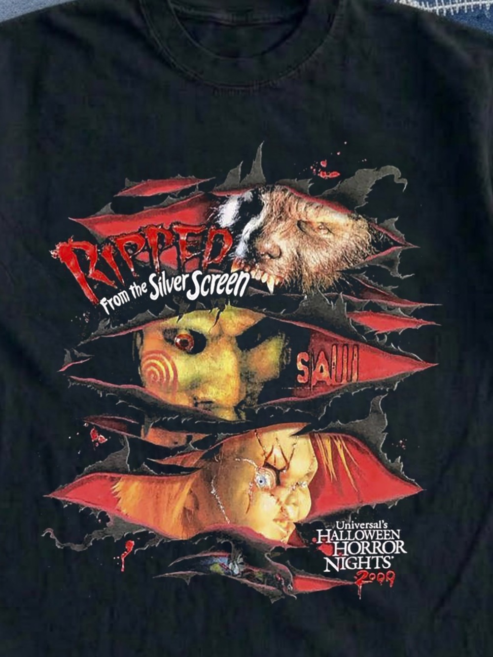 Ripped From the Silver Screen Horror Graphic Tee - Black/Red/Orange - Picture 2 of 2